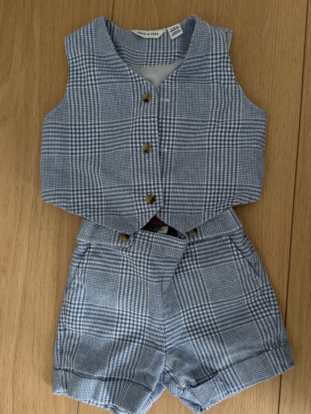 Janie and Jack Light Blue Plaid Shorts and Vest Set